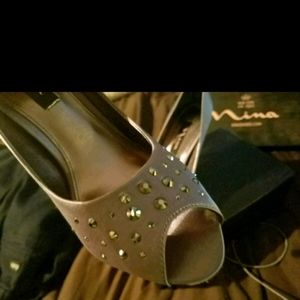 Nina open toe rhinestone pewter pumps